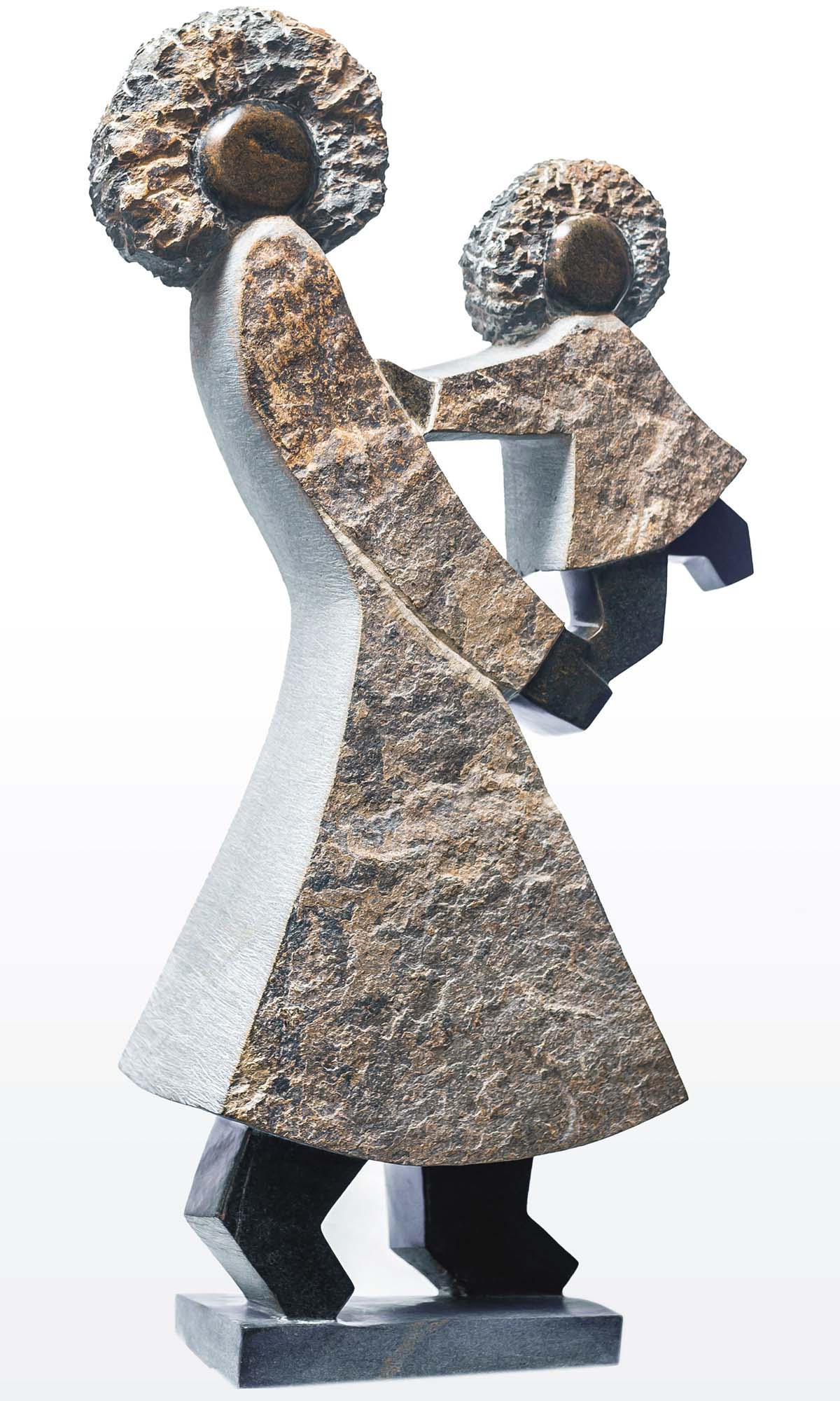 Shona stone sculpture mother and child by famous artist Dominic Benhura from Zimbabwe - front left