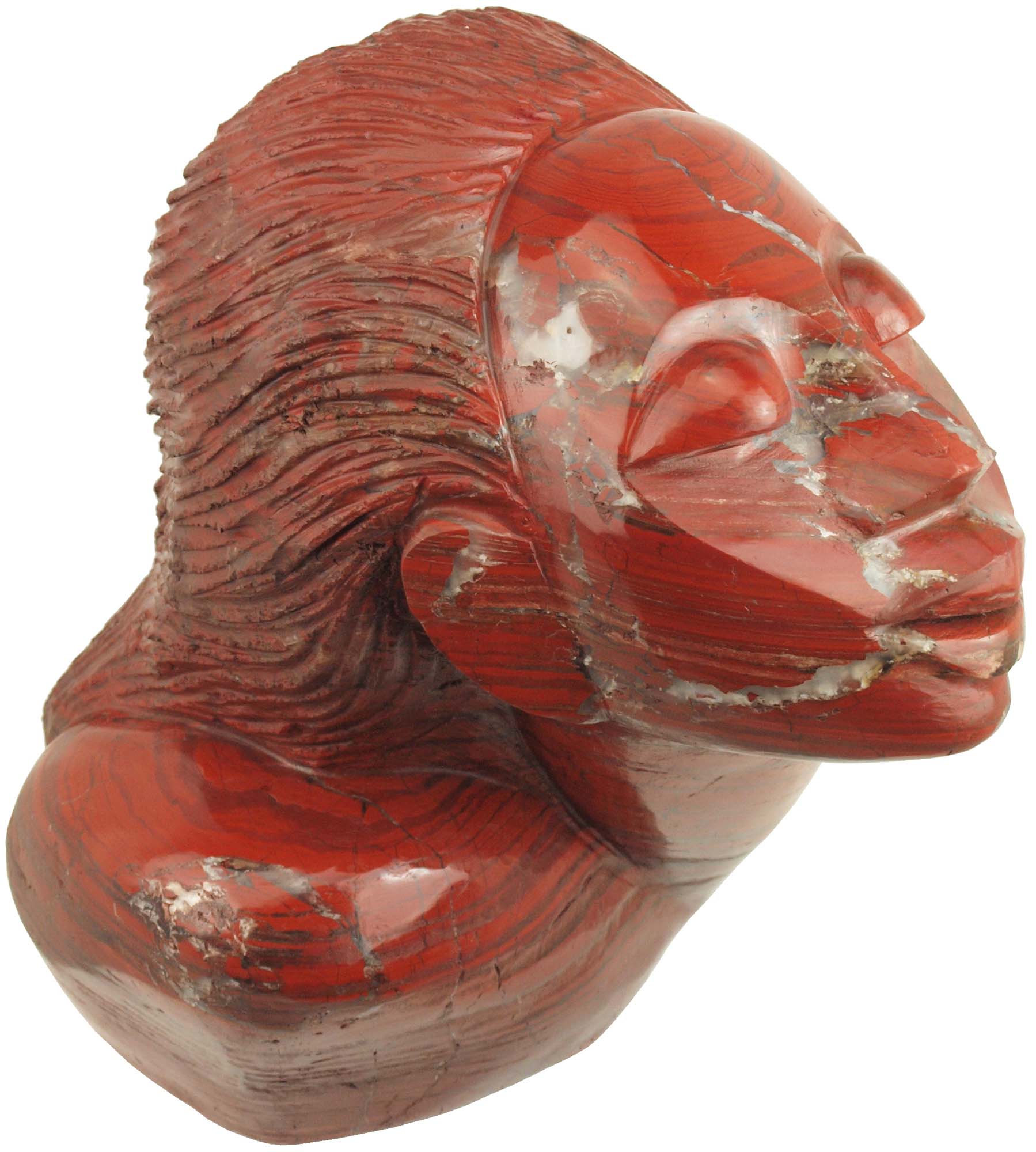 Shona sculpture in red jasper Proud Woman by Joe Mutasa front left from above