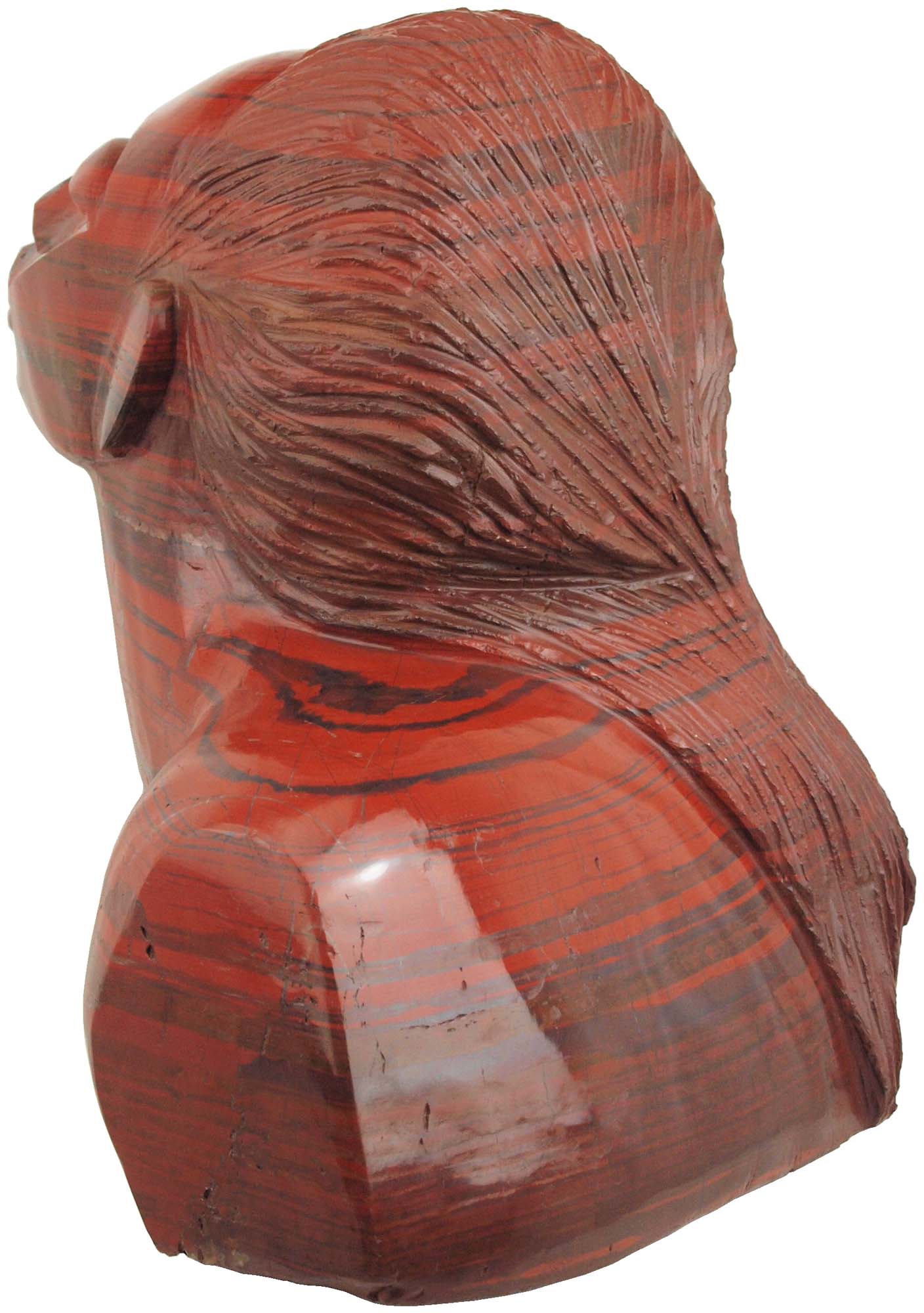 Shona sculpture in red jasper Proud Woman by Joe Mutasa back left