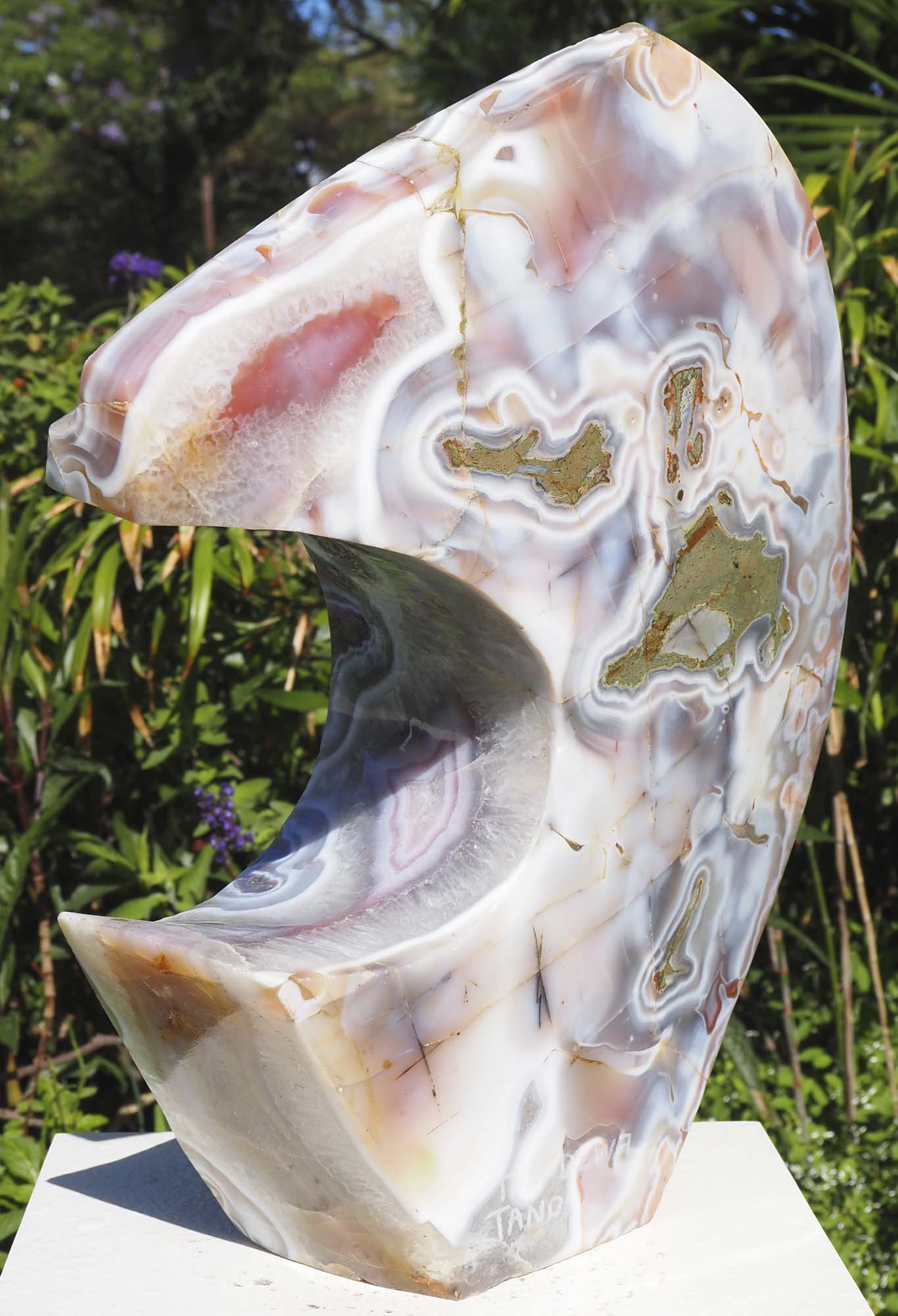 Agate contemporary Shona sculpture - Happy Anniversary by Tafadzwa Tandi - back left