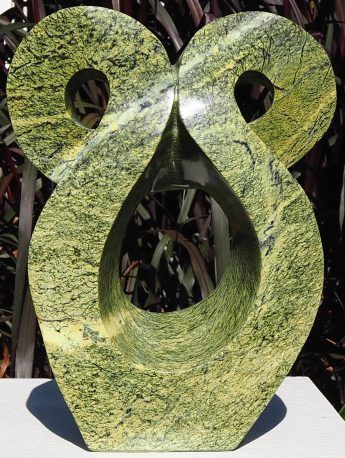Green stone owl sculpture carving - Wise Bird by Charles Kowo - front