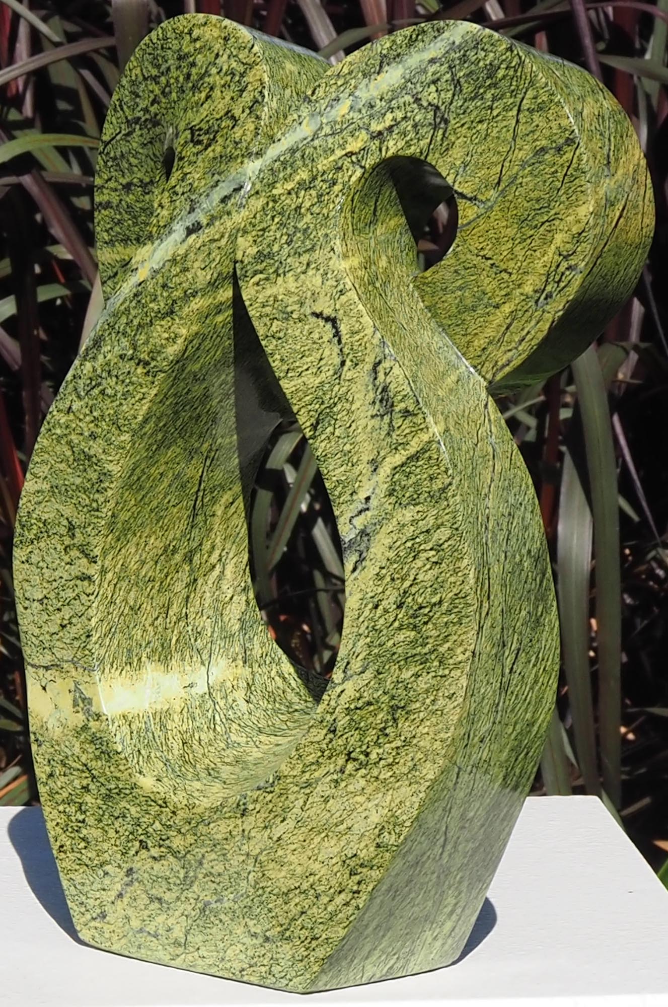 Green stone owl sculpture carving - Wise Bird by Charles Kowo - front right