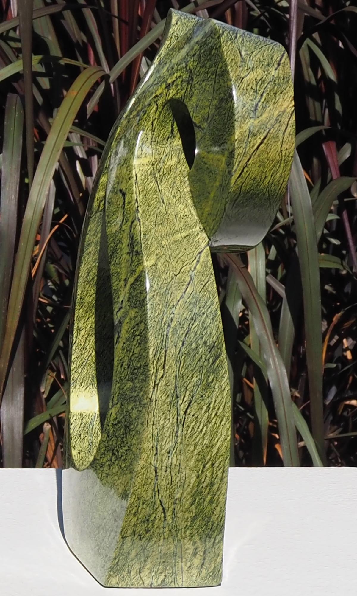 Green stone owl sculpture carving - Wise Bird by Charles Kowo - right side