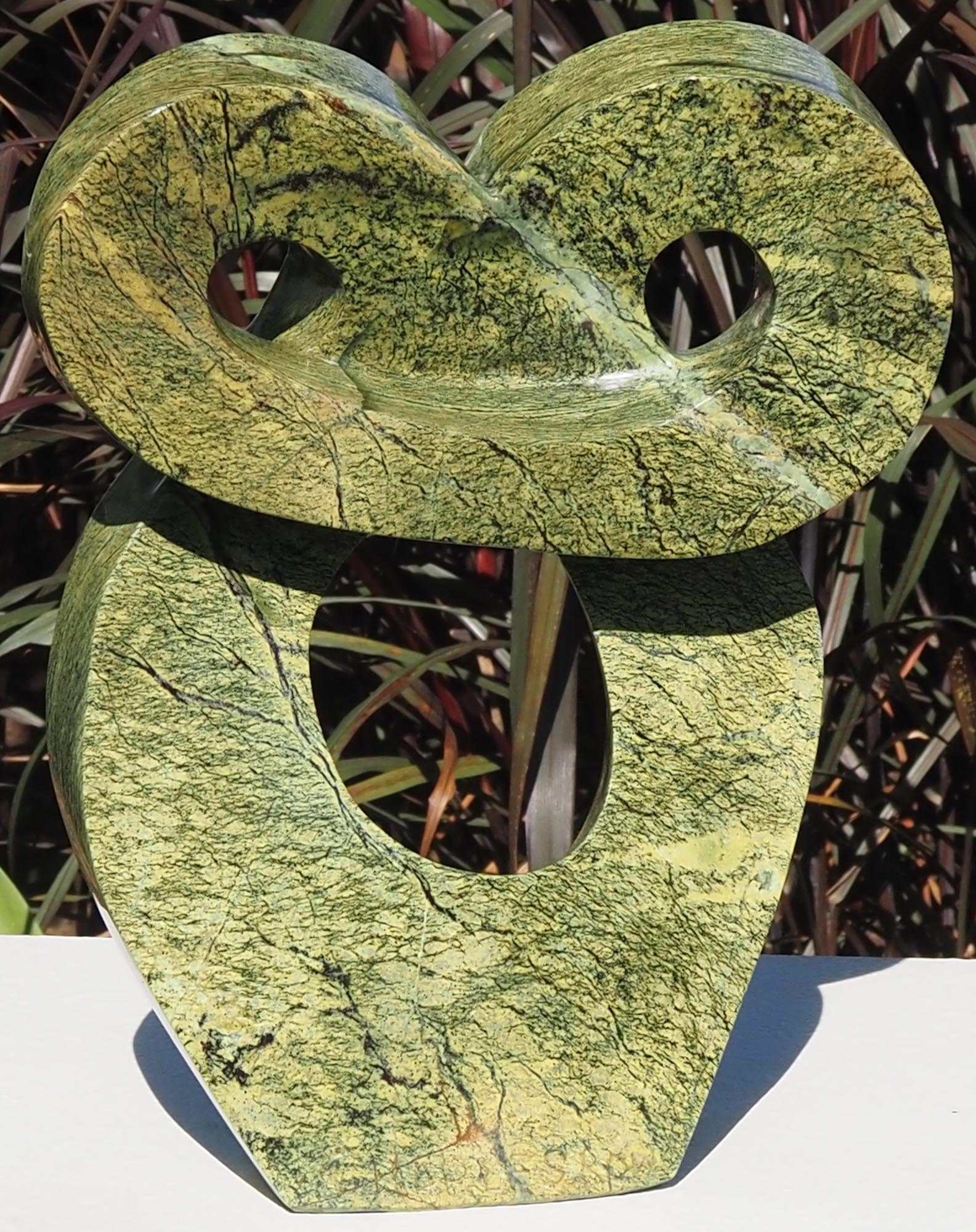 Green stone owl sculpture carving - Wise Bird by Charles Kowo - back