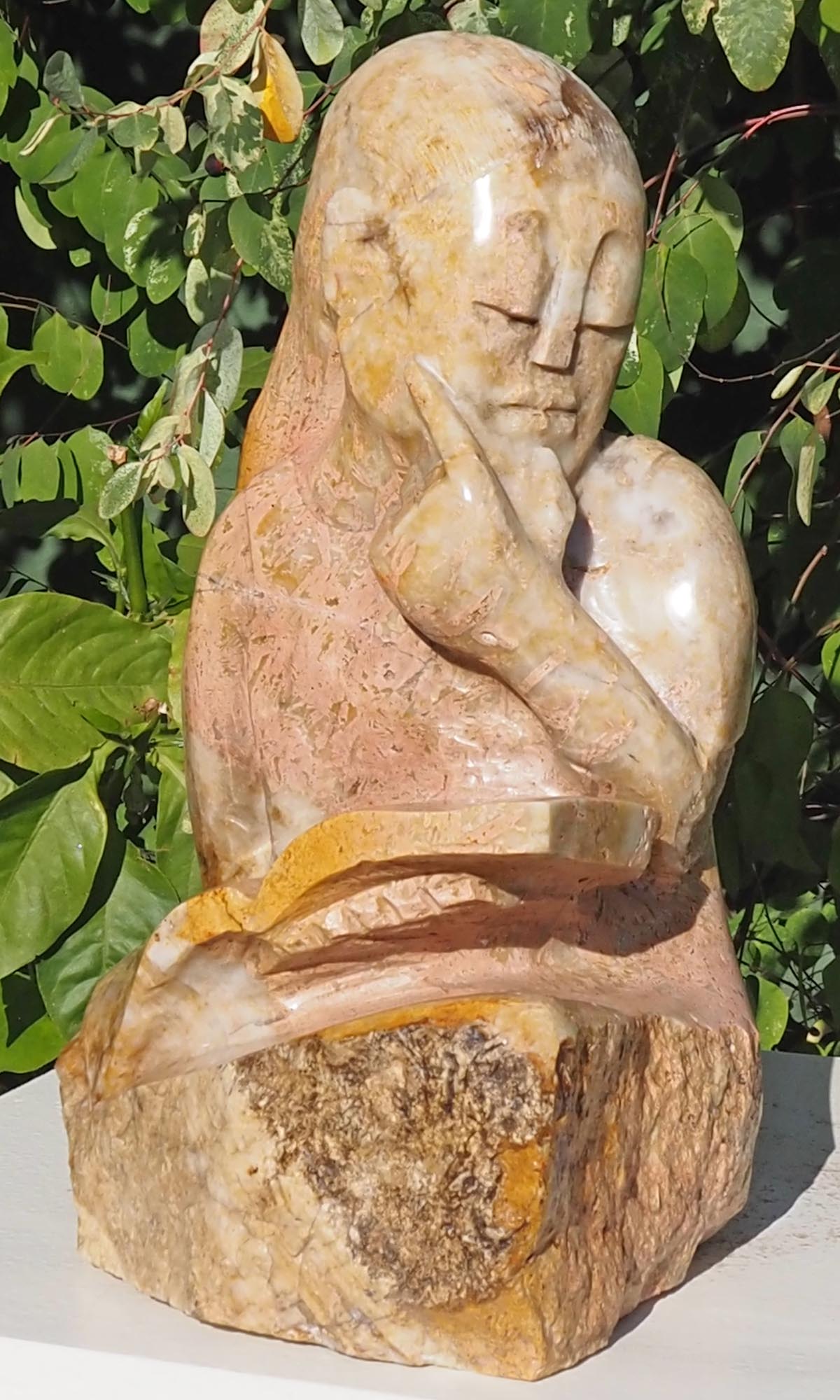 Sculpture child girl reading pink stone - Lost In The Story by Jonathan Mhondorohuma - image 2