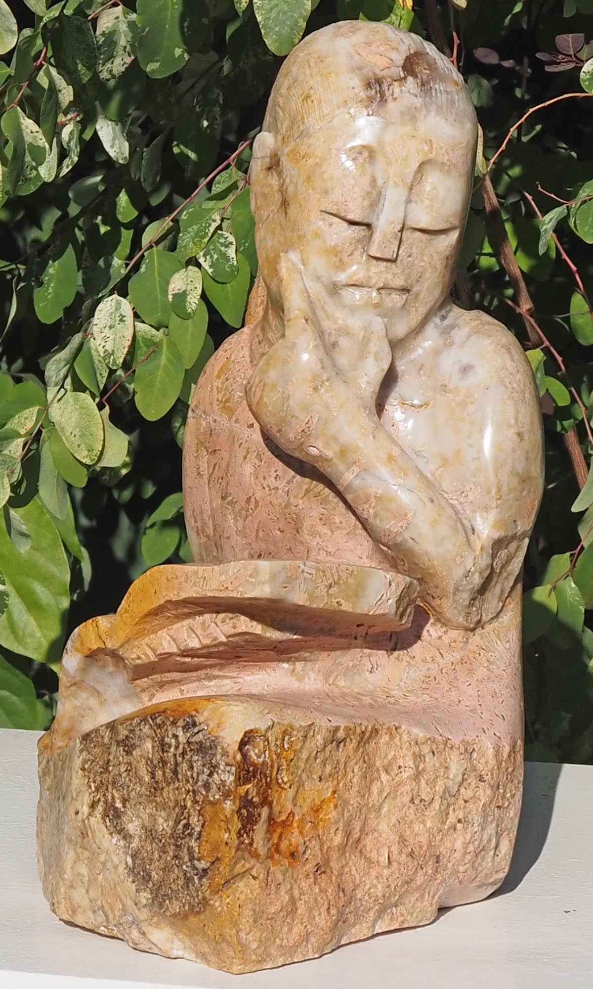 Sculpture child girl reading pink stone - Lost In The Story by Jonathan Mhondorohuma - image 3
