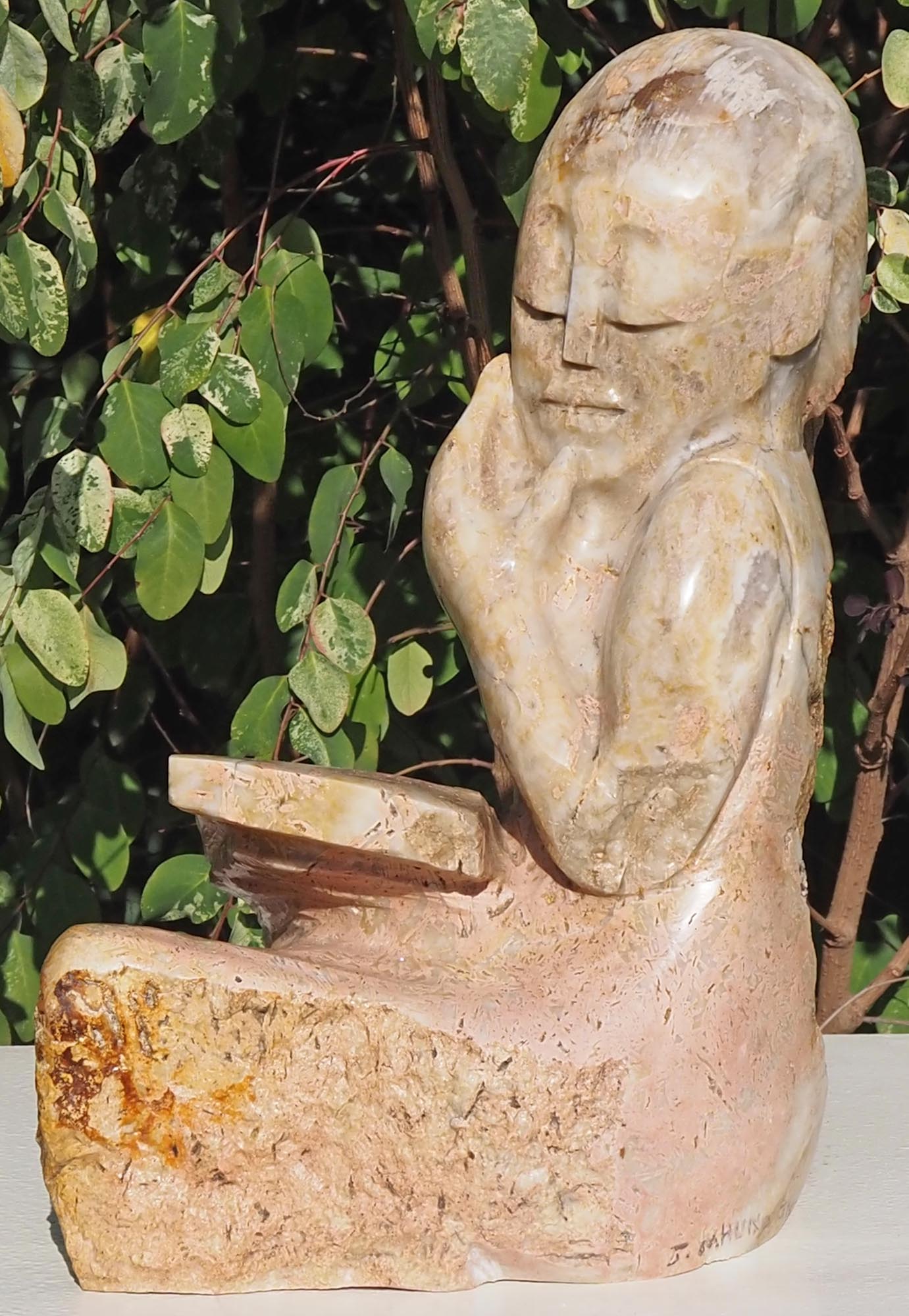 Sculpture child girl reading pink stone - Lost In The Story by Jonathan Mhondorohuma - image 4