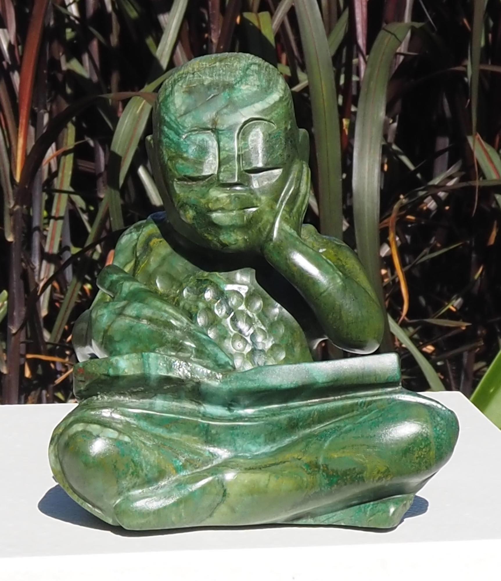 Green stone sculpture child girl book - Writing A Story by Jonathan Mhondorohuma - front