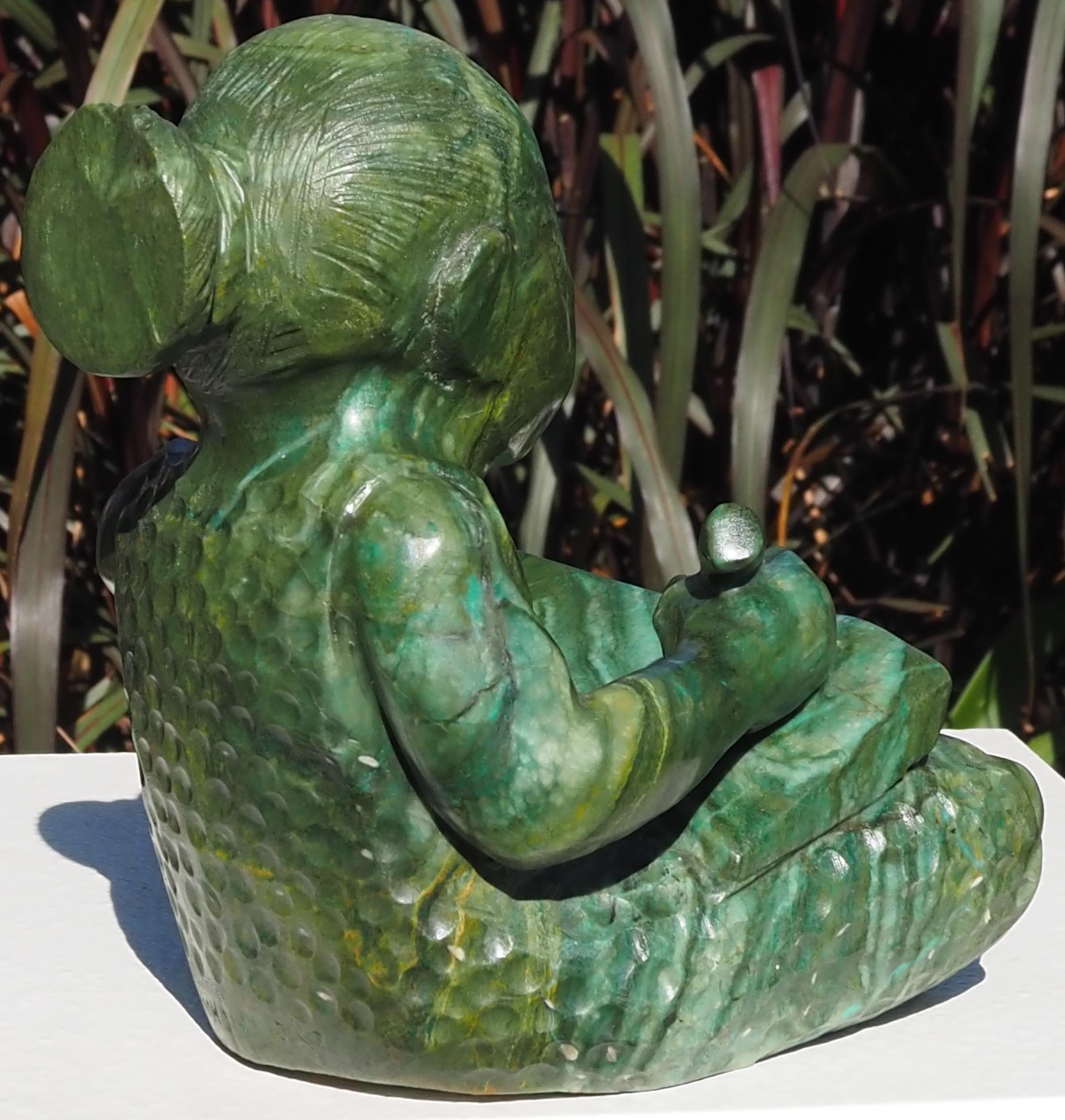 Green stone sculpture child girl book - Writing A Story by Jonathan Mhondorohuma - back right