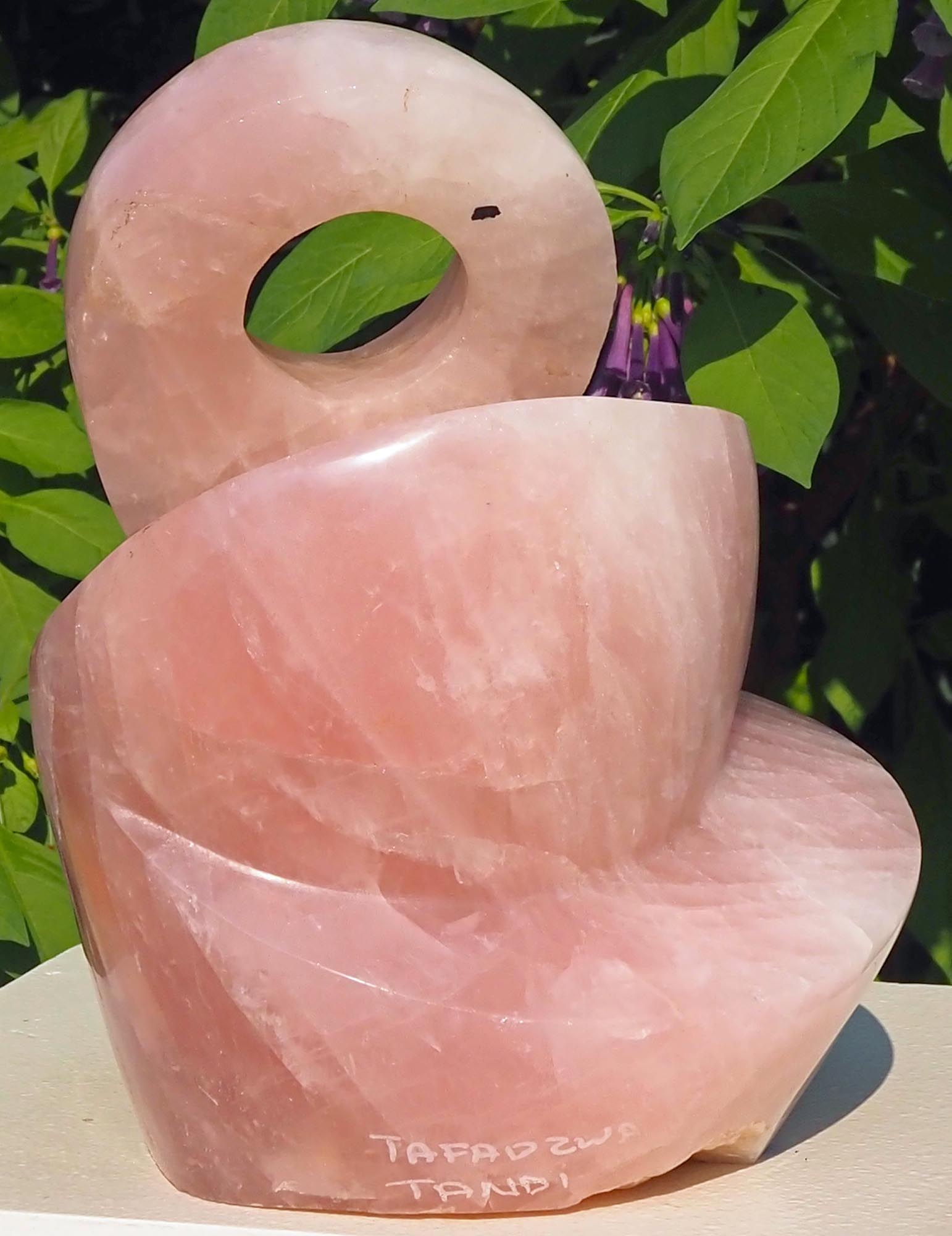 Rose quartz pink stone sculpture art UK - Family Guardian by Tafadzwa Tandi - back